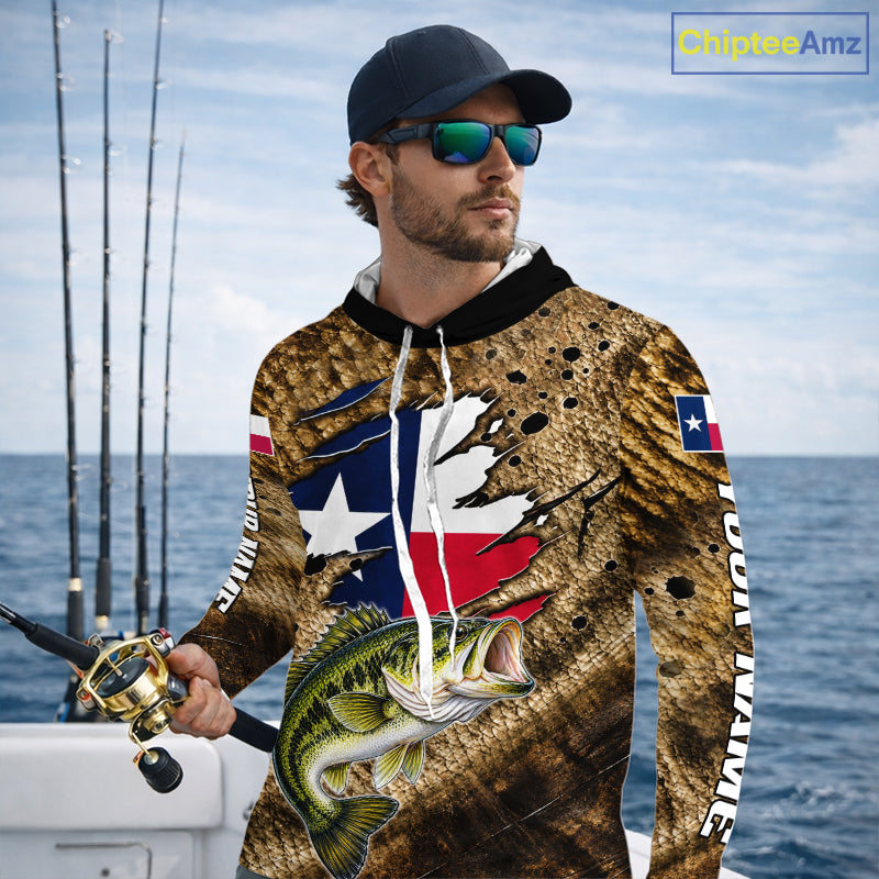 Largemouth Bass Fishing Shirt Custom Texas Flag Brown Scale Pattern Long Sleeve Hooded Apparel NHT1705