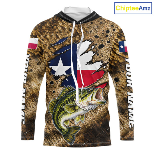 Largemouth Bass Fishing Shirt Custom Texas Flag Brown Scale Pattern Long Sleeve Hooded Apparel NHT1705