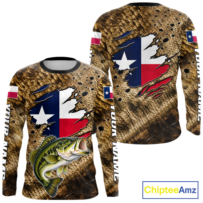 Largemouth Bass Fishing Shirt Custom Texas Flag Brown Scale Pattern Long Sleeve Apparel NHT1705