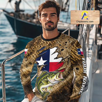 Largemouth Bass Fishing Shirt Custom Texas Flag Brown Scale Pattern Long Sleeve Apparel NHT1705