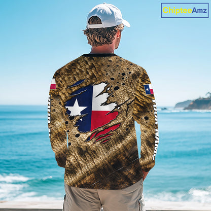Largemouth Bass Fishing Shirt Custom Texas Flag Brown Scale Pattern Long Sleeve Apparel NHT1705