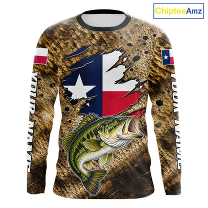 Largemouth Bass Fishing Shirt Custom Texas Flag Brown Scale Pattern Long Sleeve Apparel NHT1705