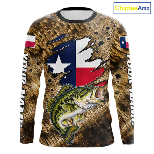 Largemouth Bass Fishing Shirt Custom Texas Flag Brown Scale Pattern Long Sleeve Apparel NHT1705