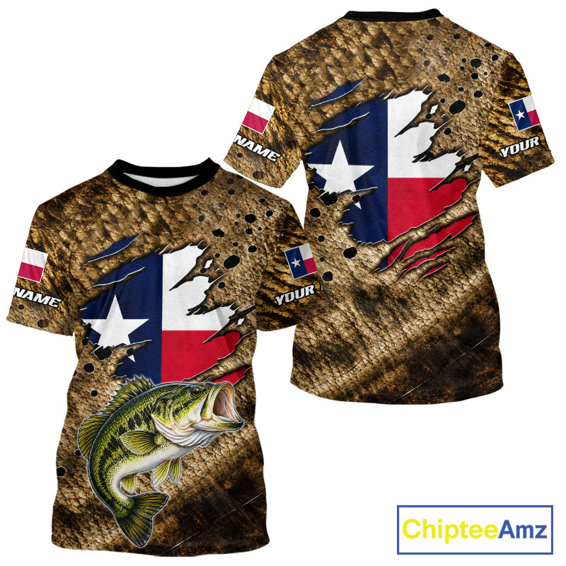 Largemouth Bass Fishing Shirt Custom Texas Flag Brown Scale Pattern Short Sleeve Apparel NHT1705