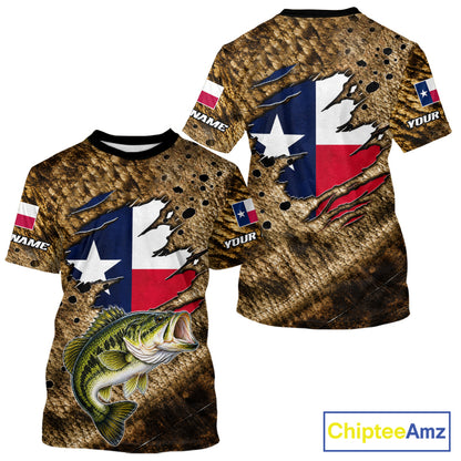 Largemouth Bass Fishing Shirt Custom Texas Flag Brown Scale Pattern Short Sleeve Apparel NHT1705