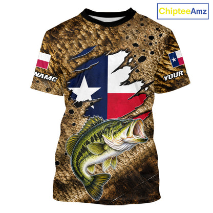 Largemouth Bass Fishing Shirt Custom Texas Flag Brown Scale Pattern Short Sleeve Apparel NHT1705
