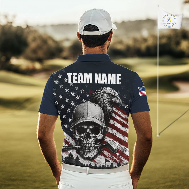 Personalized Skull Eagle Mens Golf Polo Shirt American Flag Patriotic Golf Shirt Custom Name 