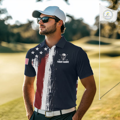 Personalized Skull Eagle Mens Golf Polo Shirt American Flag Patriotic Golf Shirt Custom Name 