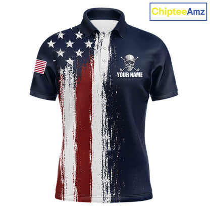 Personalized Skull Eagle Mens Golf Polo Shirt American Flag Patriotic Golf Shirt Custom Name 