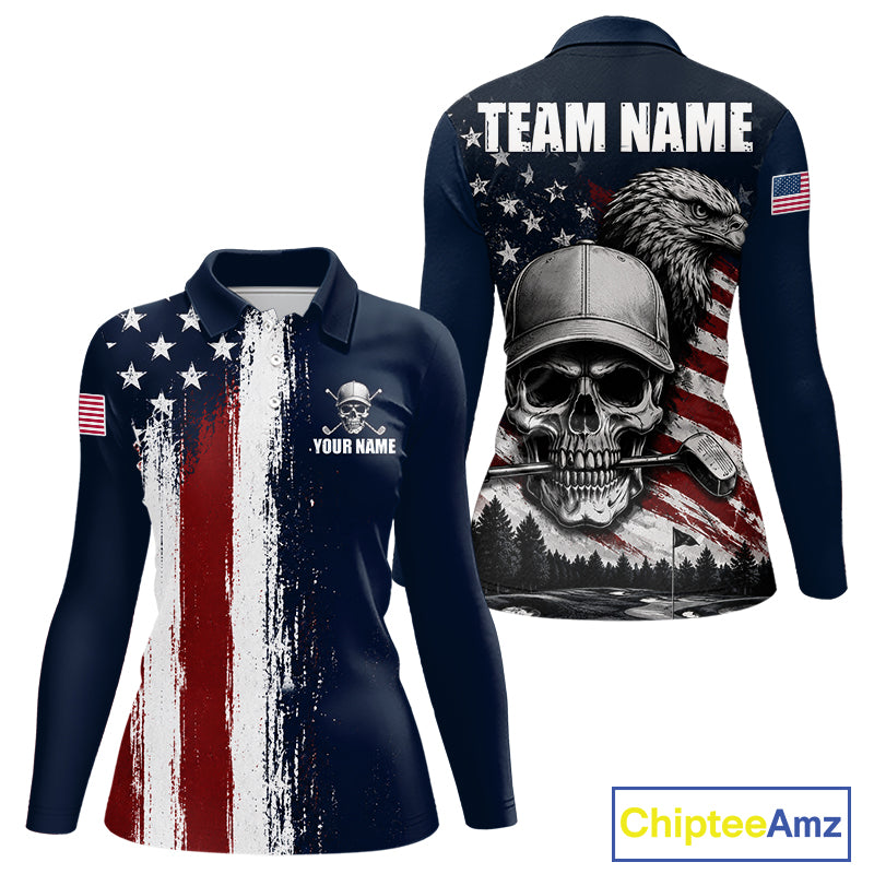 Personalized Skull Eagle Womens Golf Polo Shirt American Flag Patriotic Golf Shirt Custom Name 