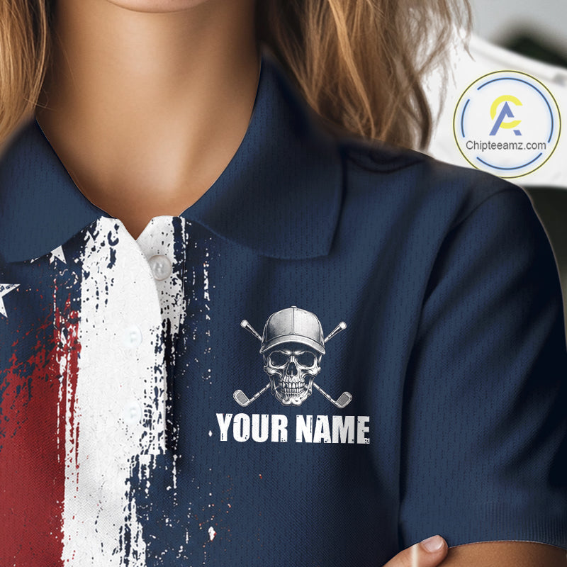 Personalized Skull Eagle Womens Golf Polo Shirt American Flag Patriotic Golf Shirt Custom Name 