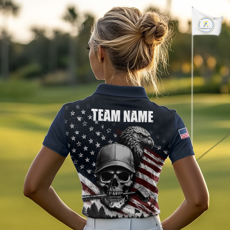 Personalized Skull Eagle Womens Golf Polo Shirt American Flag Patriotic Golf Shirt Custom Name 