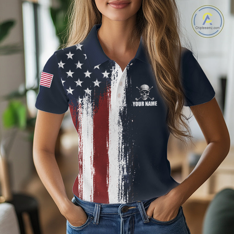Personalized Skull Eagle Womens Golf Polo Shirt American Flag Patriotic Golf Shirt Custom Name 