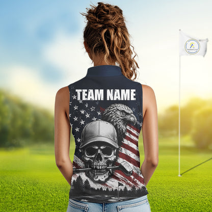 Personalized Skull Eagle Womens Sleeveless Golf Polo Shirt American Flag Patriotic Golf Shirt Custom Name 