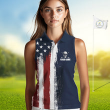 Load image into Gallery viewer, Personalized Skull Eagle Womens Sleeveless Golf Polo Shirt American Flag Patriotic Golf Shirt Custom Name 
