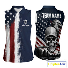 Load image into Gallery viewer, Personalized Skull Eagle Womens Sleeveless Golf Polo Shirt American Flag Patriotic Golf Shirt Custom Name 