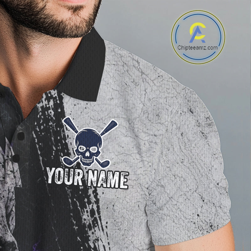 Personalized Skull Mens Golf Polo Shirt Purple Lightning Custom Team Name Golf Shirt 