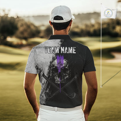 Personalized Skull Mens Golf Polo Shirt Purple Lightning Custom Team Name Golf Shirt 