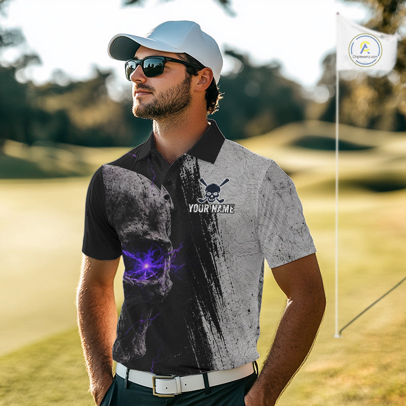 Personalized Skull Mens Golf Polo Shirt Purple Lightning Custom Team Name Golf Shirt 
