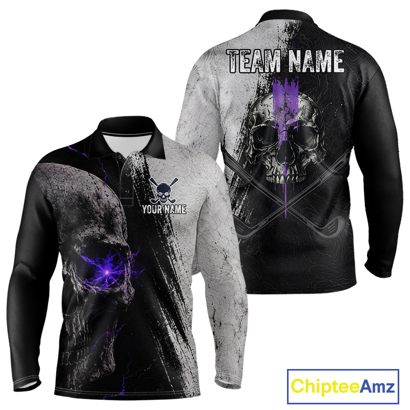 Personalized Skull Mens Golf Polo Shirt Purple Lightning Custom Team Name Golf Shirt 