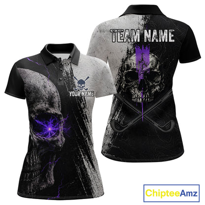 Personalized Skull Womens Golf Polo Shirt Purple Lightning Custom Team Name Golf Shirt 