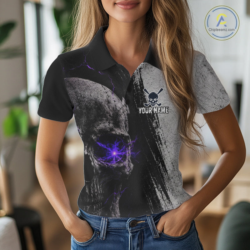 Person wearing a black and gray polo shirt with a skull design and 'Your Name' text.