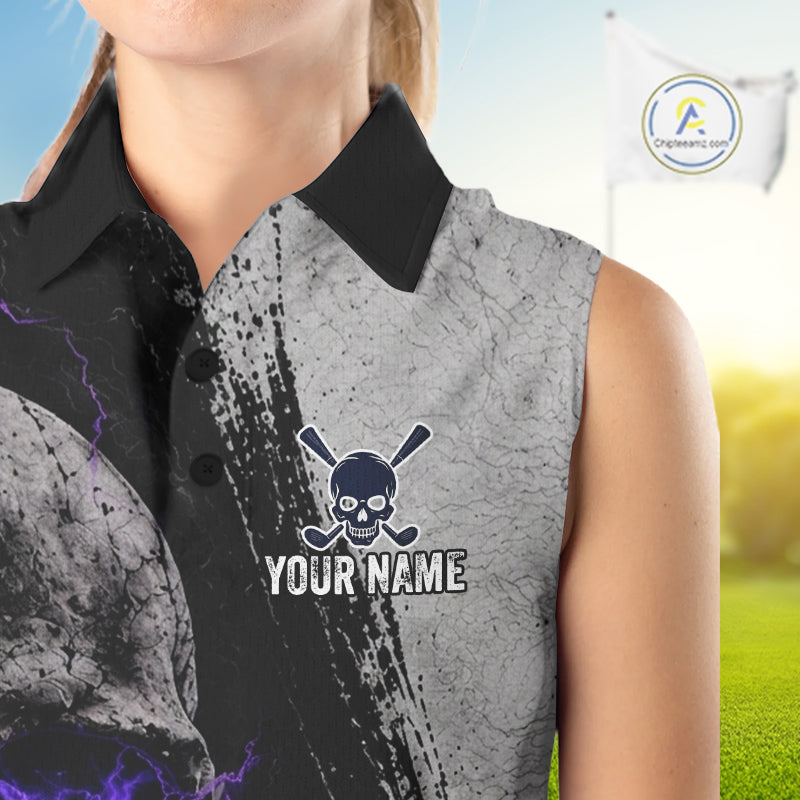 Personalized Skull Womens Sleeveless Golf Polo Shirt Purple Lightning Custom Team Name Golf Shirt 