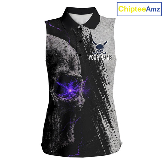 Personalized Skull Womens Sleeveless Golf Polo Shirt Purple Lightning Custom Team Name Golf Shirt 