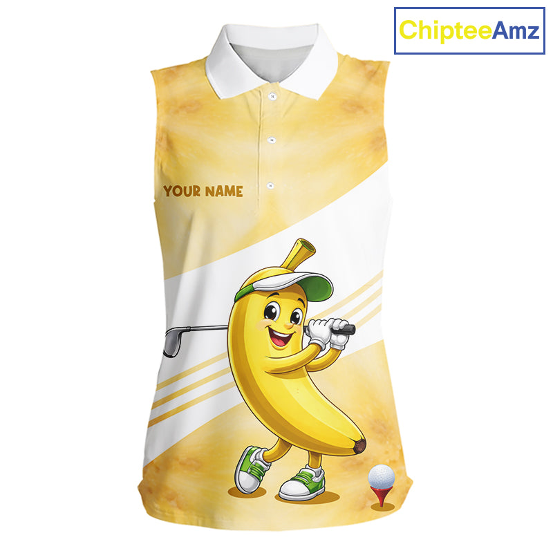 Funny Banana Womens Sleeveless Golf Polo Shirt Custom Name – Cute Banana Golfer Golf Polo 