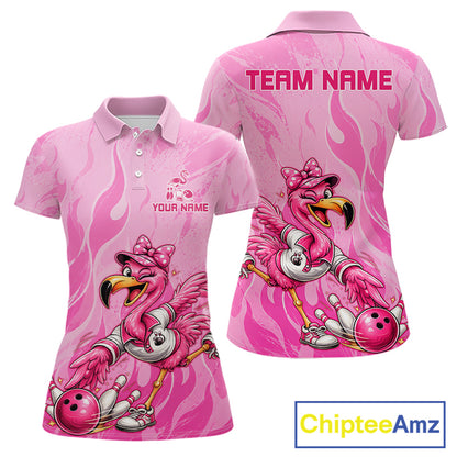 A pink short-sleeve polo shirt shown from both front and back, featuring a cartoon flamingo bowling graphic, flame pattern, and customizable text areas reading TEAM NAME and YOUR NAME. A ChipteeAmz logo appears in the bottom right corner.