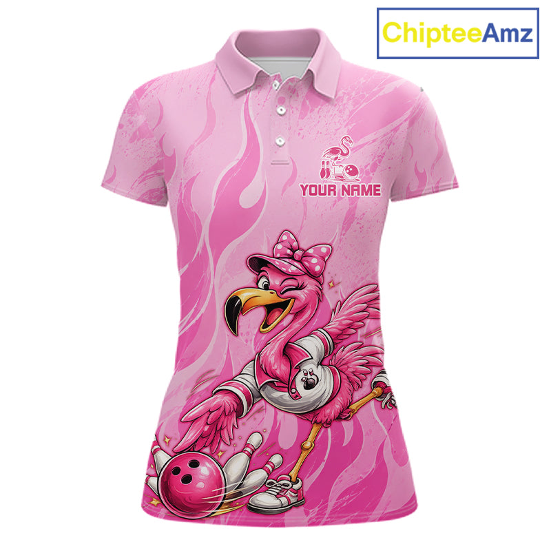 A pink short-sleeve polo shirt with a cartoon flamingo bowling graphic and a 'YOUR NAME' customization placeholder on the chest. The shirt features pink flame swirl patterns and is shown on a plain white background with a 'ChipteeAmz' logo in the top right corner.