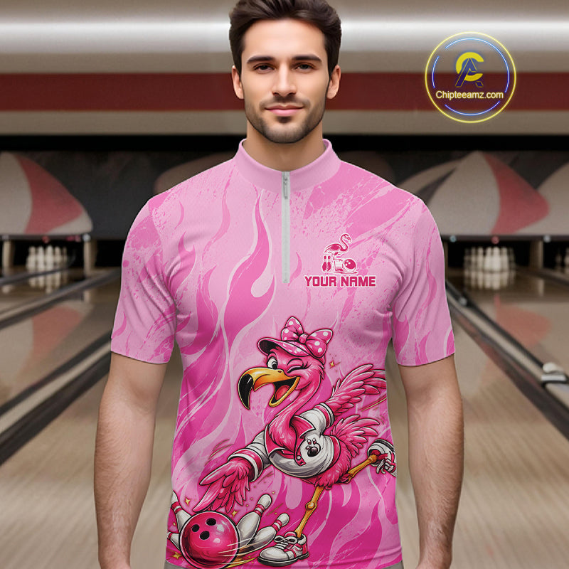 A man wearing a pink short-sleeve cycling jersey with a flamingo bowling graphic and 'YOUR NAME' text, standing in a bowling alley. A circular 'Chipteamz.