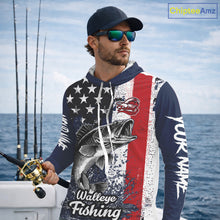 Load image into Gallery viewer, Walleye Custom US Flag Hooded Long Sleeve Shirt, Men's Fishing Shirt NHT412