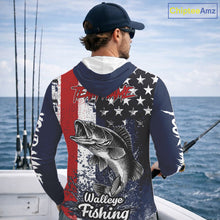 Load image into Gallery viewer, Walleye Custom US Flag Hooded Long Sleeve Shirt, Men's Fishing Shirt NHT412