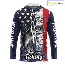 Load image into Gallery viewer, Walleye Custom US Flag Hooded Long Sleeve Shirt, Men's Fishing Shirt NHT412