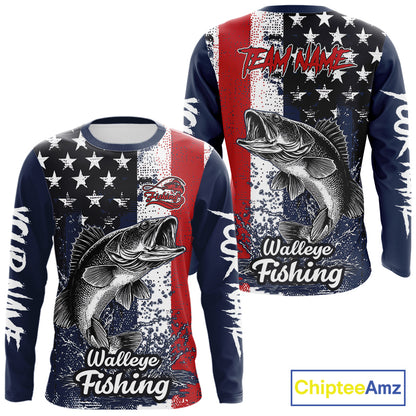 Walleye Custom US Flag Long Sleeve Fishing Shirt, Men's Fishing Shirt NHT412