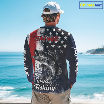 Walleye Custom US Flag Long Sleeve Fishing Shirt, Men's Fishing Shirt NHT412