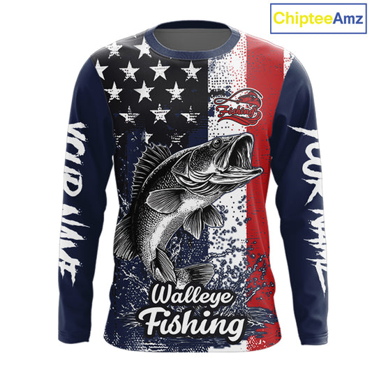 Walleye Custom US Flag Long Sleeve Fishing Shirt, Men's Fishing Shirt NHT412