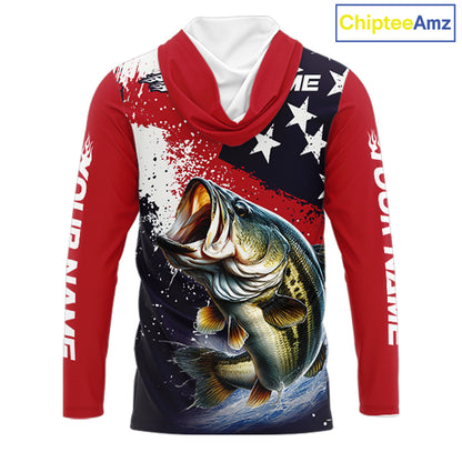 Personalized Bass Fishing Jerseys, Custom American Flag Bass Fishing Shirts Long Sleeve NHT414