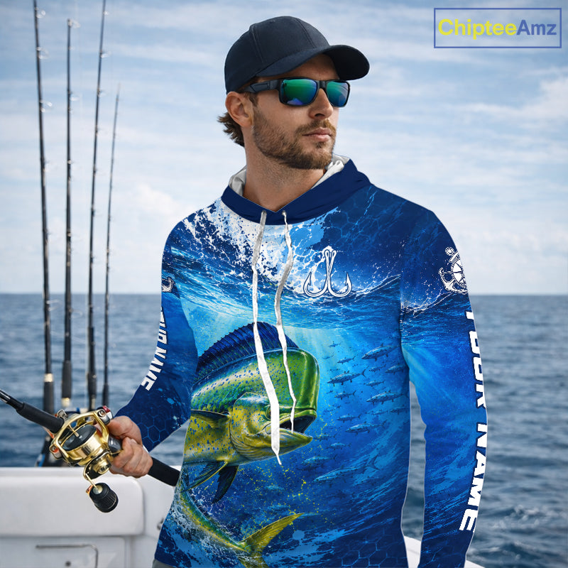 Mahi Mahi Fishing Jersey Ocean Blue 3D All Over Print Long Sleeve Hooded Performance Shirt 