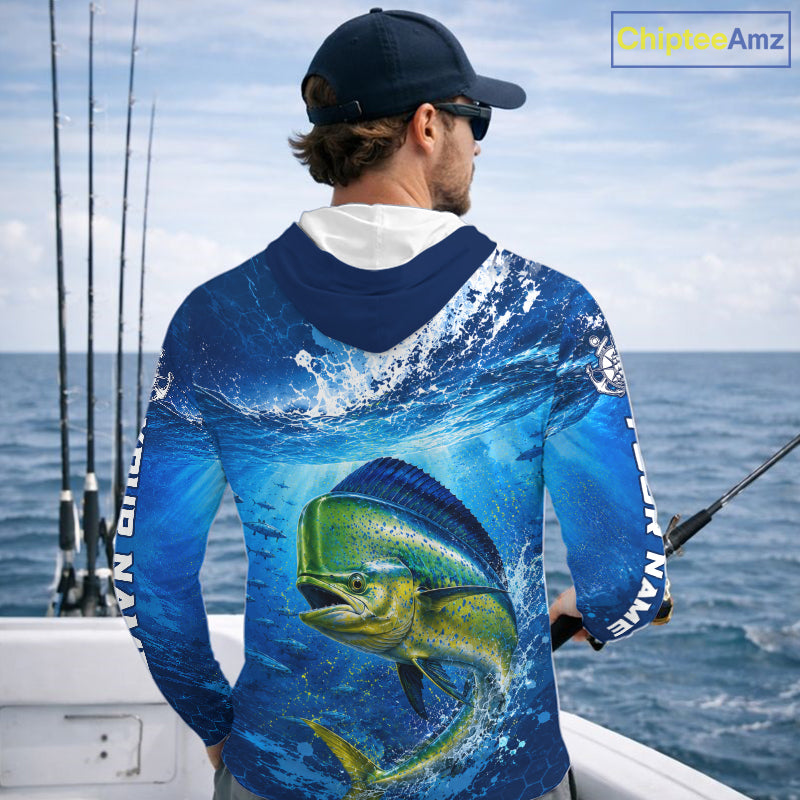 Mahi Mahi Fishing Jersey Ocean Blue 3D All Over Print Long Sleeve Hooded Performance Shirt 