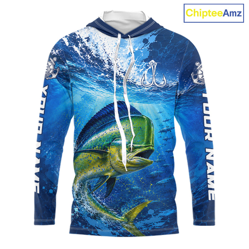 Mahi Mahi Fishing Jersey Ocean Blue 3D All Over Print Long Sleeve Hooded Performance Shirt 