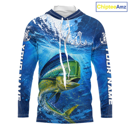 Mahi Mahi Fishing Jersey Ocean Blue 3D All Over Print Long Sleeve Hooded Performance Shirt 