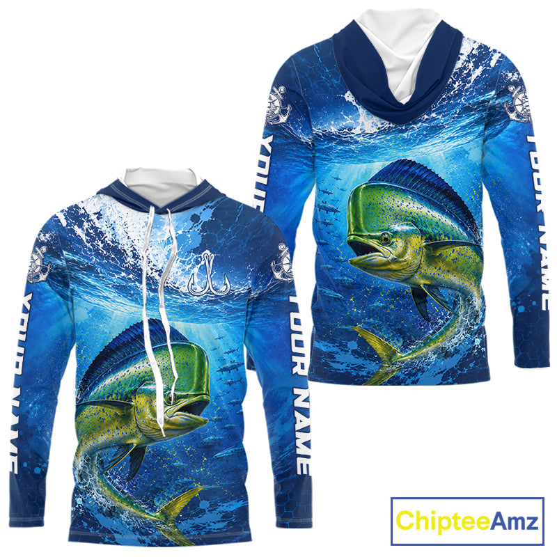 Mahi Mahi Fishing Jersey Ocean Blue 3D All Over Print Long Sleeve Hooded Performance Shirt 