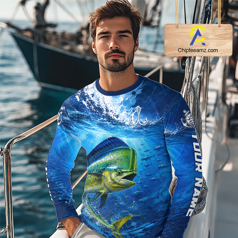 Mahi Mahi Fishing Jersey Ocean Blue 3D All Over Print Long Sleeve Performance Shirt 