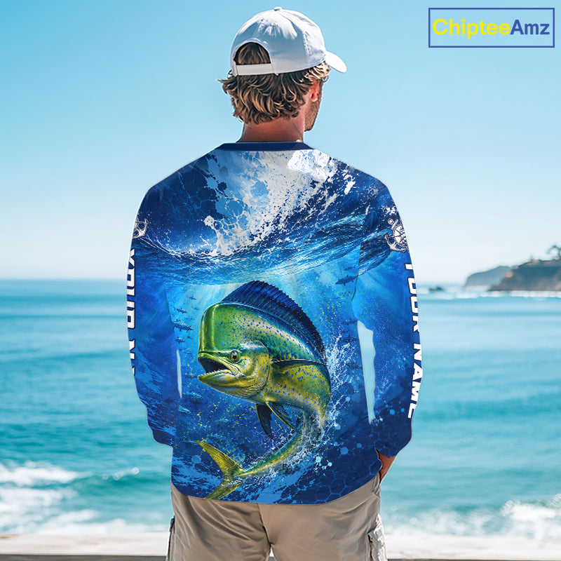 Mahi Mahi Fishing Jersey Ocean Blue 3D All Over Print Long Sleeve Performance Shirt 