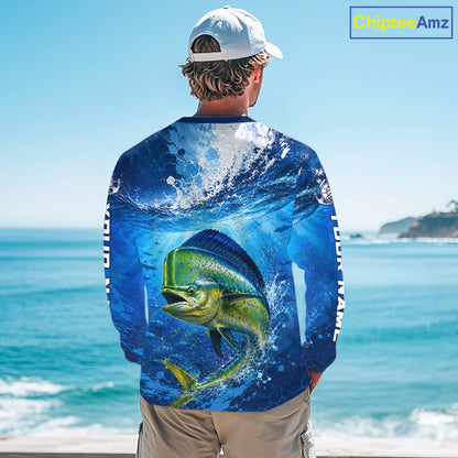 Mahi Mahi Fishing Jersey Ocean Blue 3D All Over Print Long Sleeve Performance Shirt 