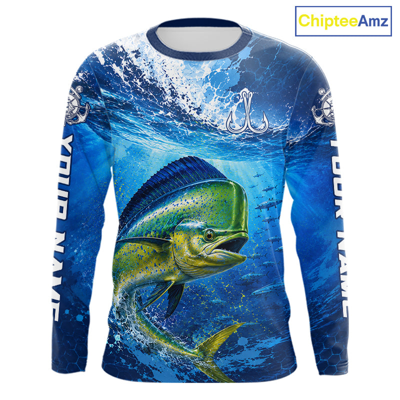Mahi Mahi Fishing Jersey Ocean Blue 3D All Over Print Long Sleeve Performance Shirt 