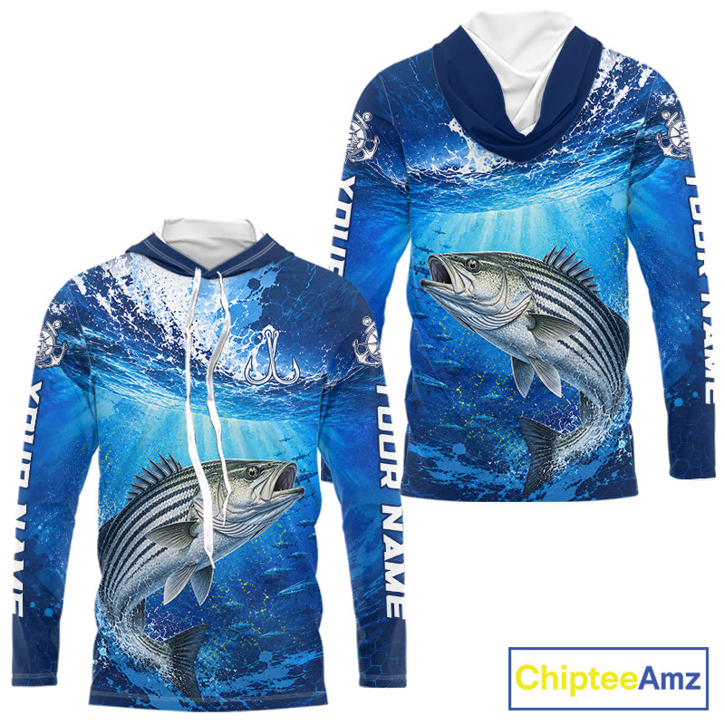 Striped Bass Fishing Jersey Ocean Blue 3D All Over Print Long Sleeve Hooded Performance Shirt NHT1084