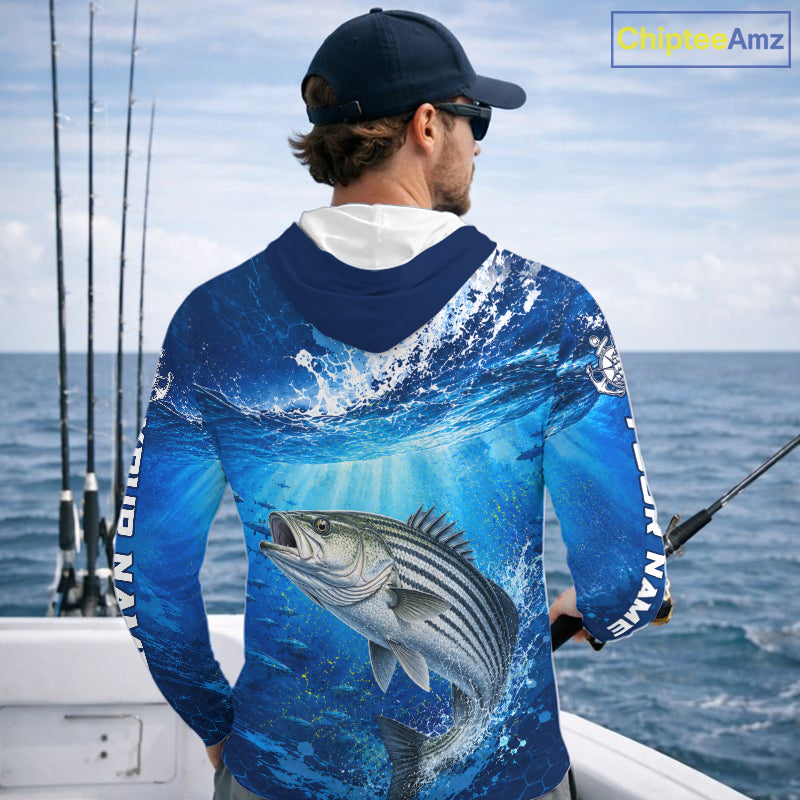 Striped Bass Fishing Jersey Ocean Blue 3D All Over Print Long Sleeve Hooded Performance Shirt NHT1084